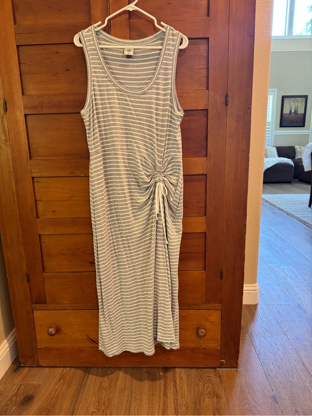 Cabi Stripe It Easy Dress #5974 Gray White Side Ruched Maxi, XL